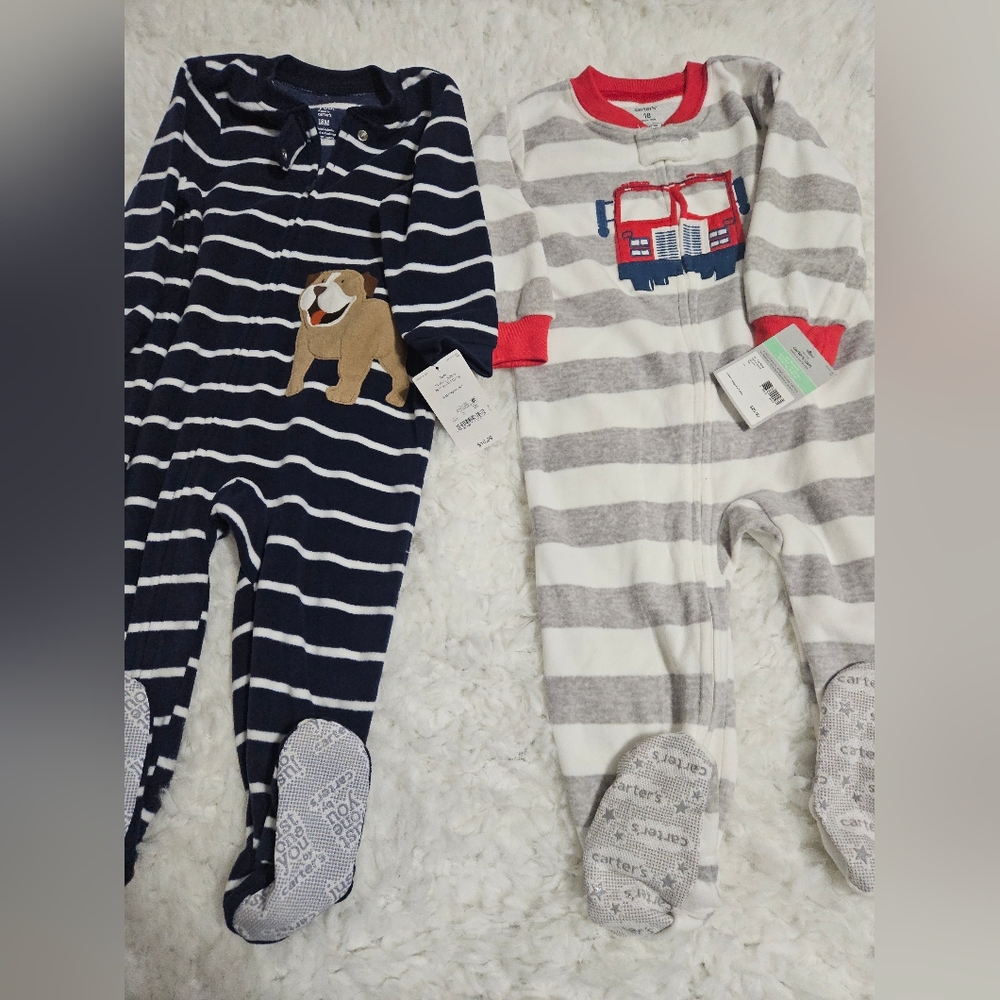 Bundle Carter's Navy and Gray Striped Footies with Bulldog and Fire Truck - Picture 1 of 3